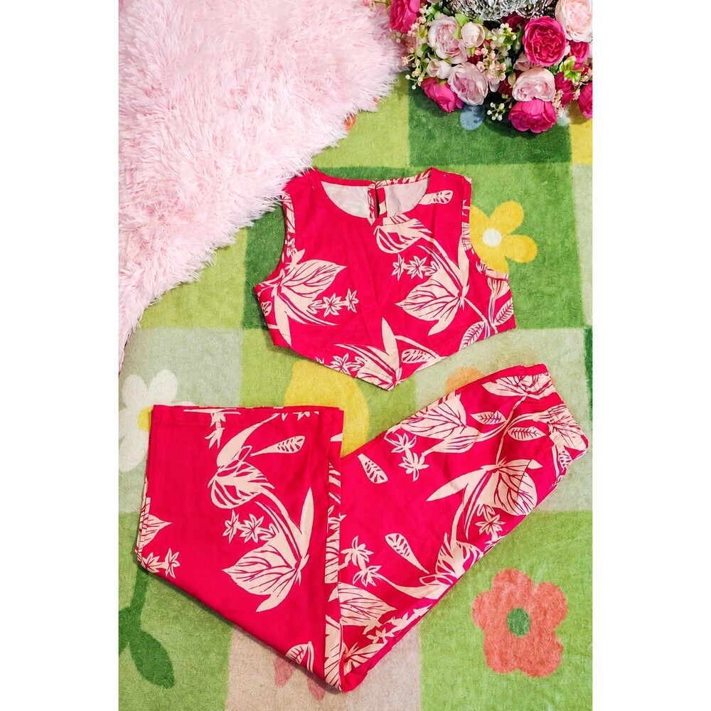 Girls Red Tropical Floral 2 Piece Outfit V Hem Crop Tank Top Wide Leg Pants NWT